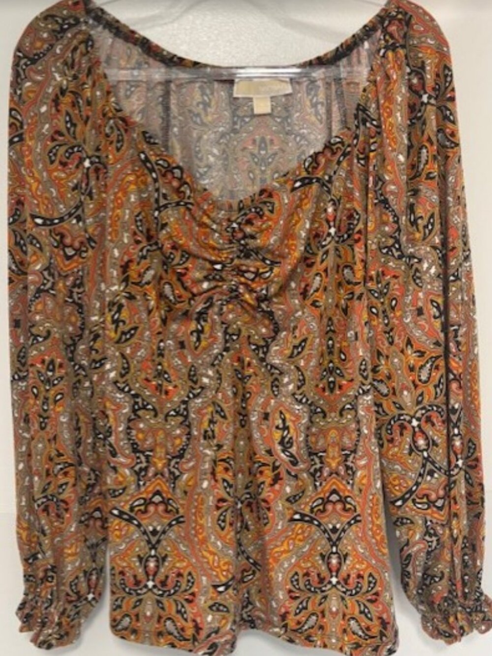 Michael Kors Womens 1X Paisley Floral Brown Black Blouse Ruched Front Blouson